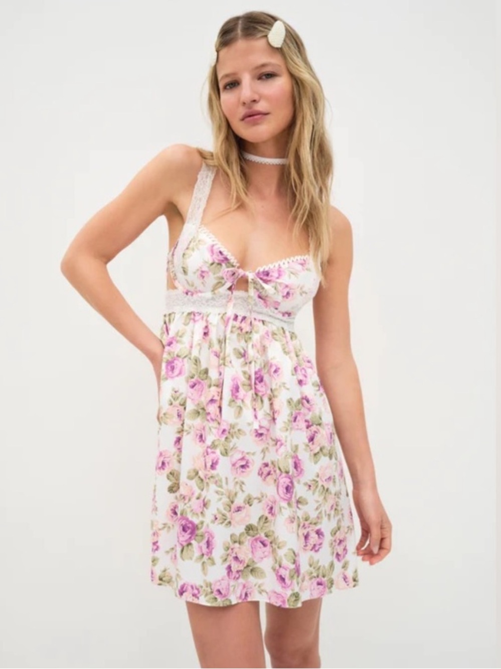 For Love And Lemons White Mini Dress with Pink Floral Print
